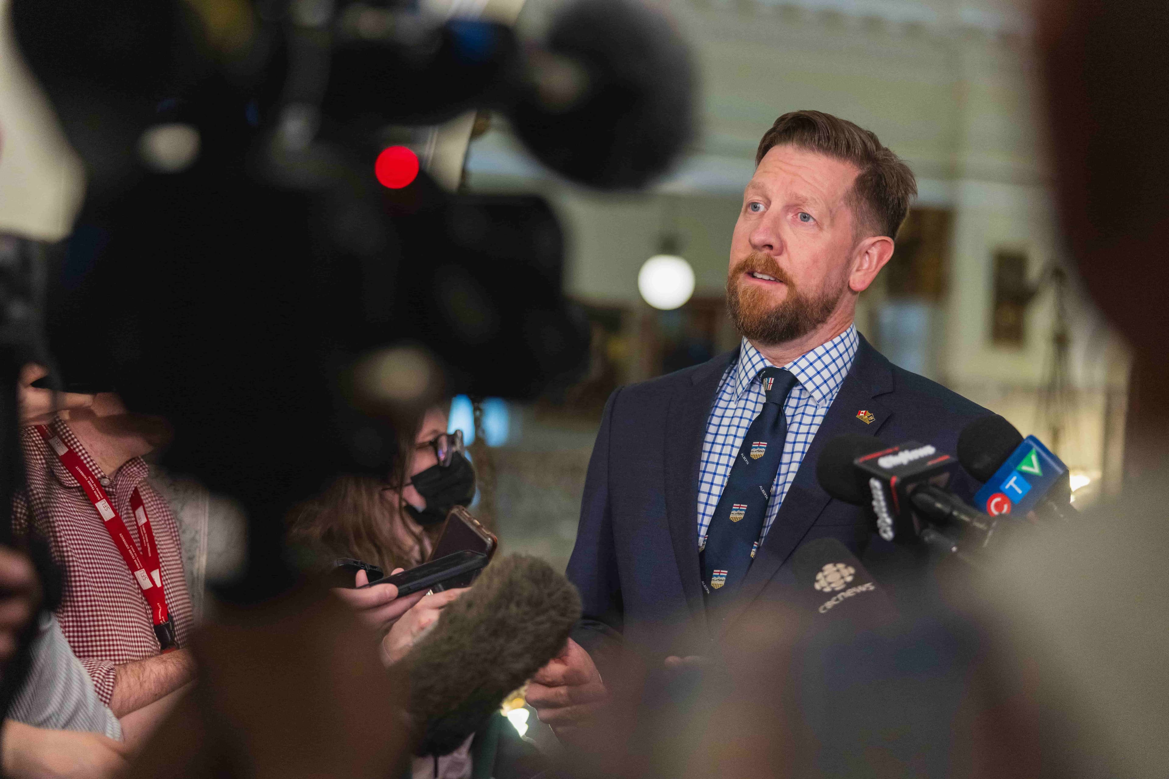 MLA Kyle Kasawski speaks to media at the Alberta Legislature.